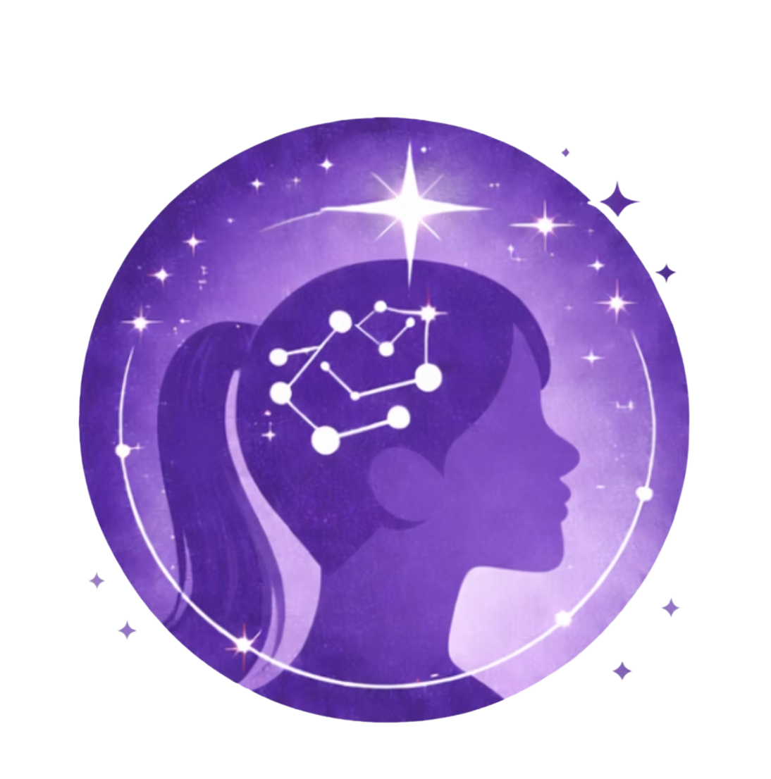 Purple with the profile of a woman with a ponytail and constellation where "brain" would be and sparkles.